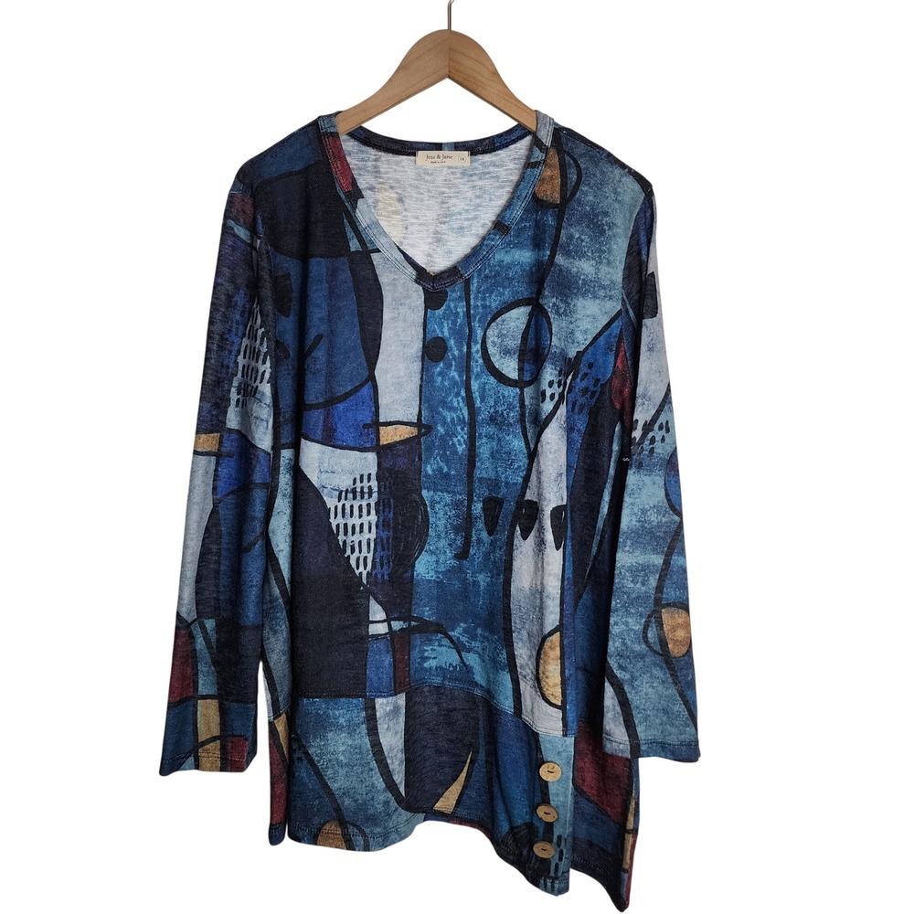 Jess & Jane Tunic Top Women 1X Blue Abstract Art V-Neck Button Accent L/S